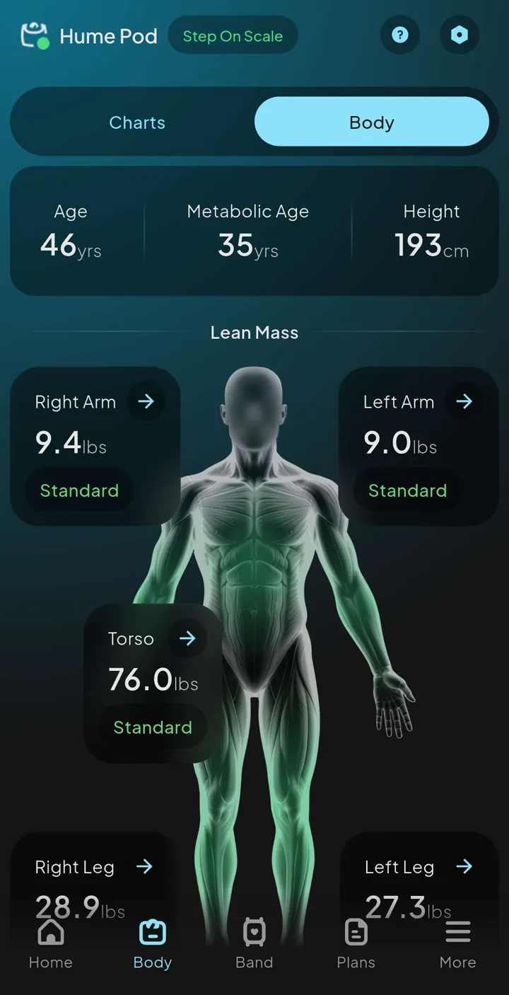 Hume app Body screen showing estimated lean mass for the right arm, left arm, torso, right leg, and left leg around a body diagram.